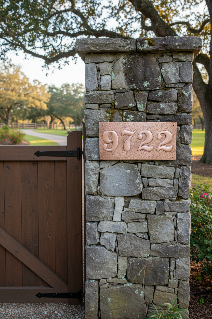 18x8 inch copper house number plaque with 3D raised numbers on gate pillar