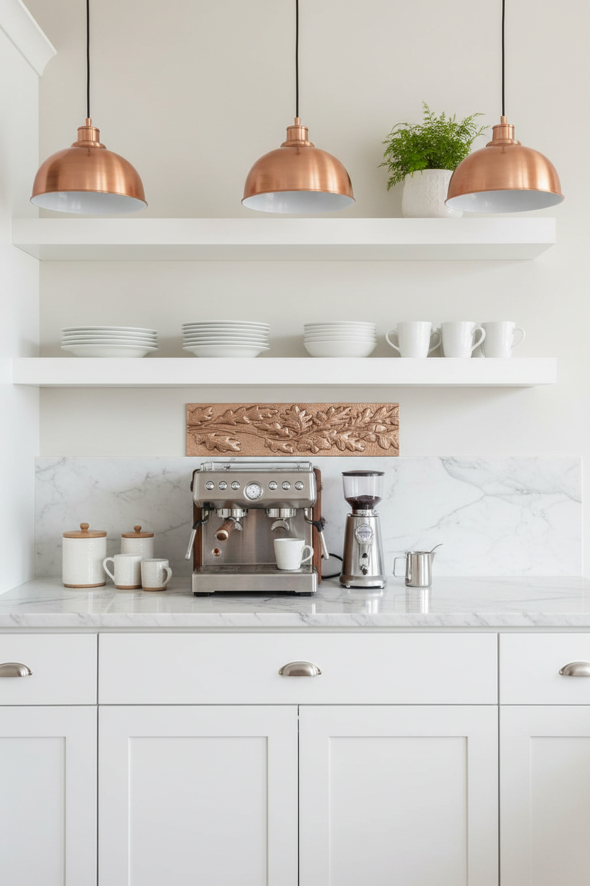 24 inch Oak & Acorn copper border trim behind coffee station as accent line