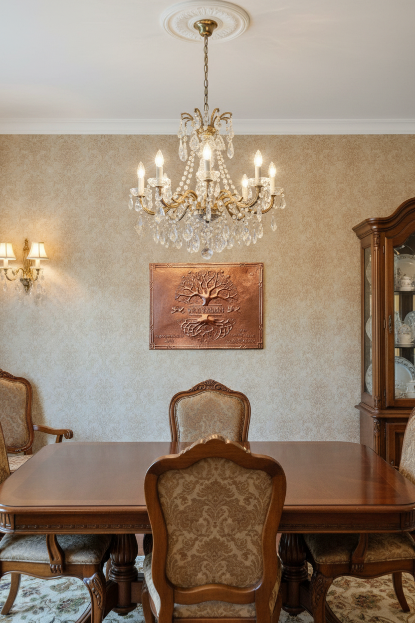 24 inch personalized Tree of Life copper family sign mounted on dining room wall