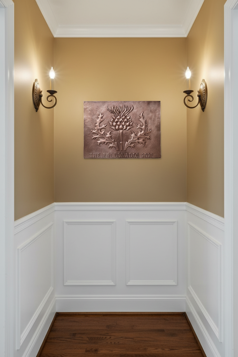 24 inch Scottish thistle family name copper plaque mounted on hallway feature wall