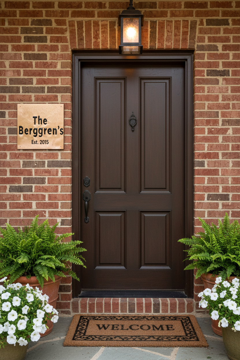 24x12 inch custom copper family name plaque beside front door entrance
