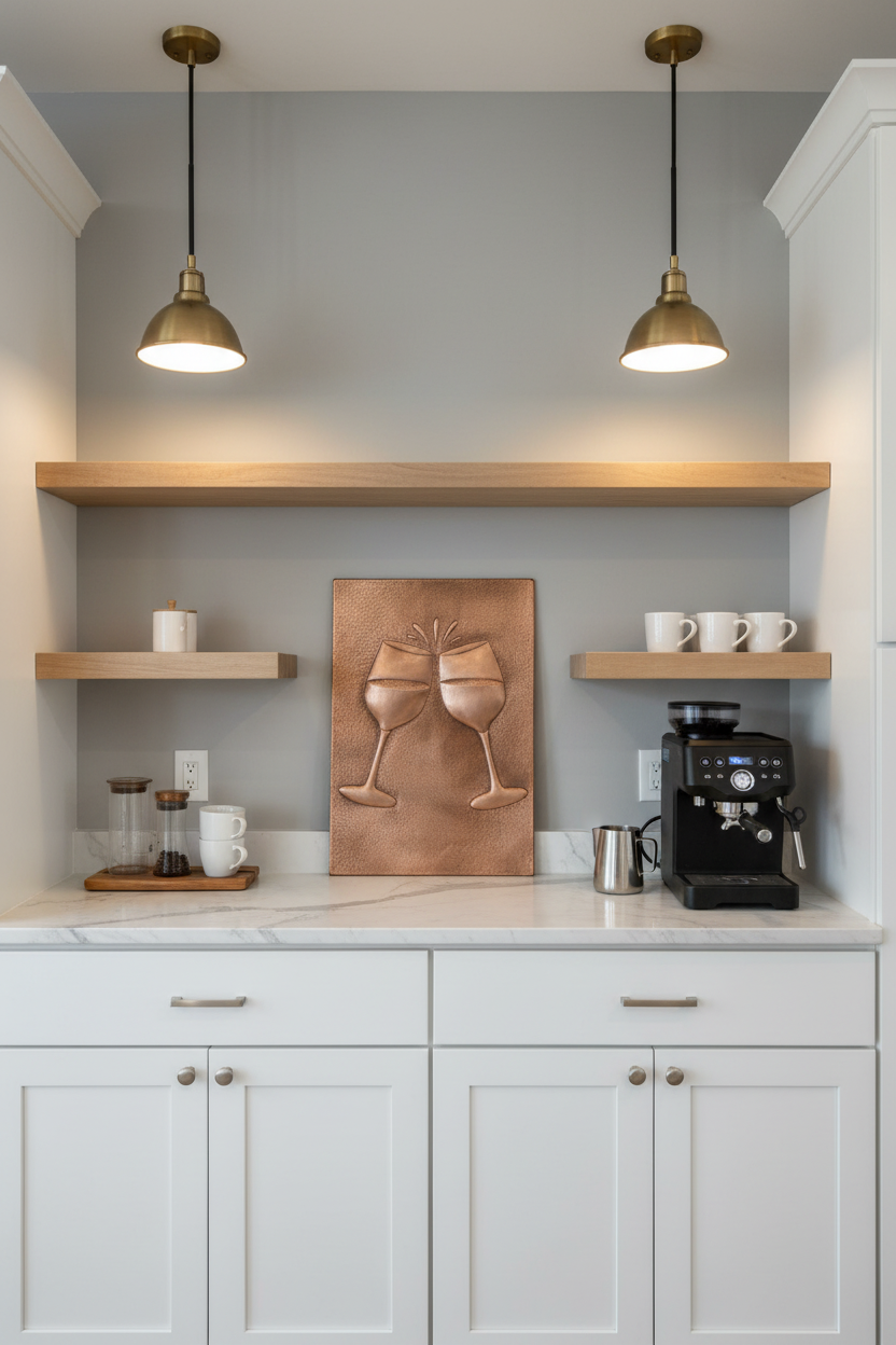 24x30 inch Cheers Wine Glass copper panel behind coffee station