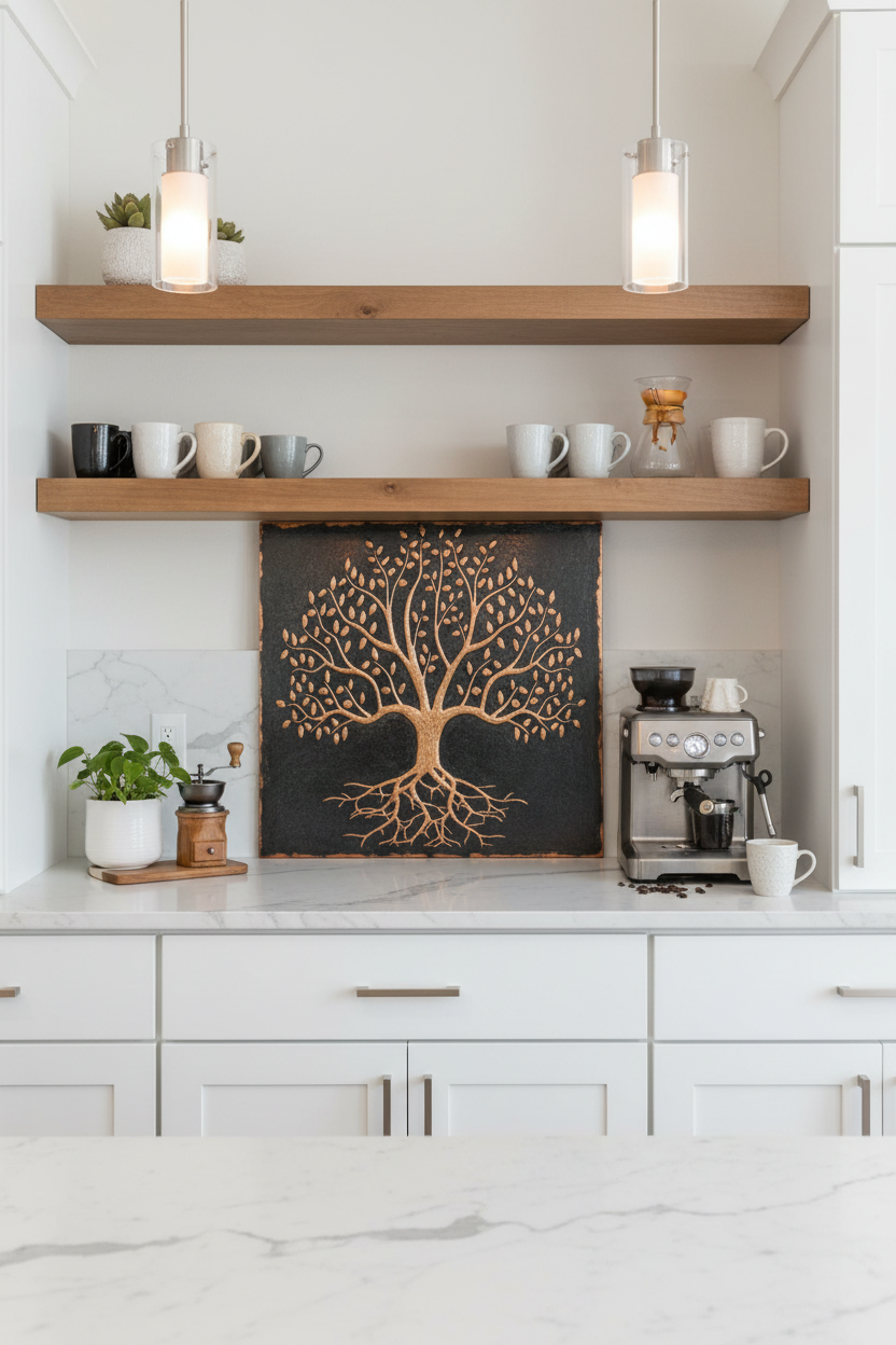 24x30 inch Rooted Tree of Life copper backsplash in calm coffee bar