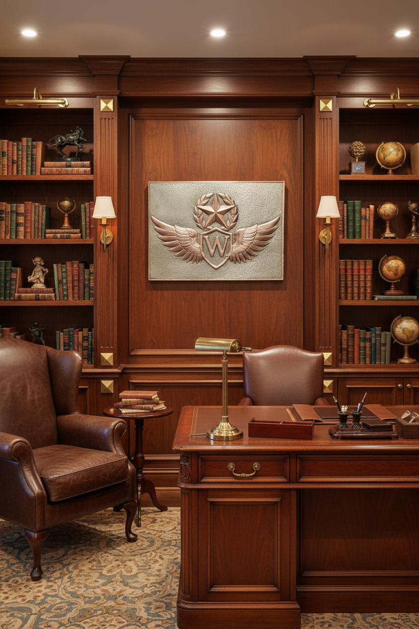 24x30 inch Winged Monogram Crest copper panel with initial W in sophisticated home office