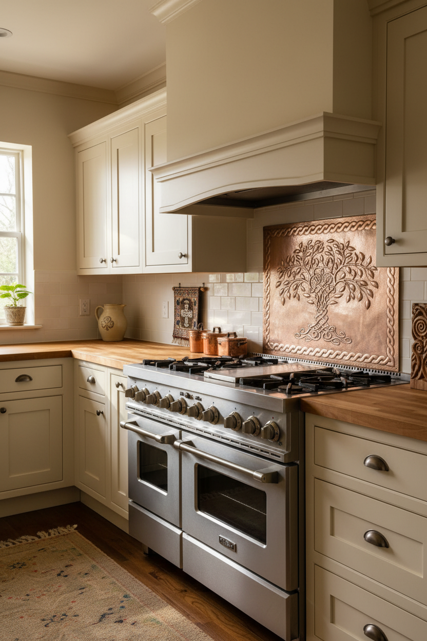 24x32 inch Celtic Knotwood Tree copper panel in farmhouse kitchen with Celtic accents