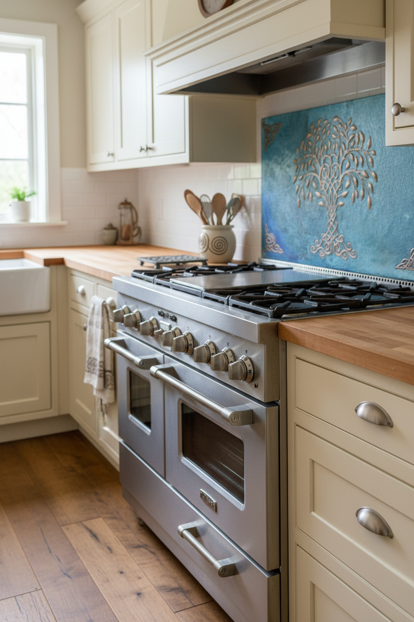 24x32 inch Celtic Tide Tree copper panel in farmhouse kitchen with Celtic accents