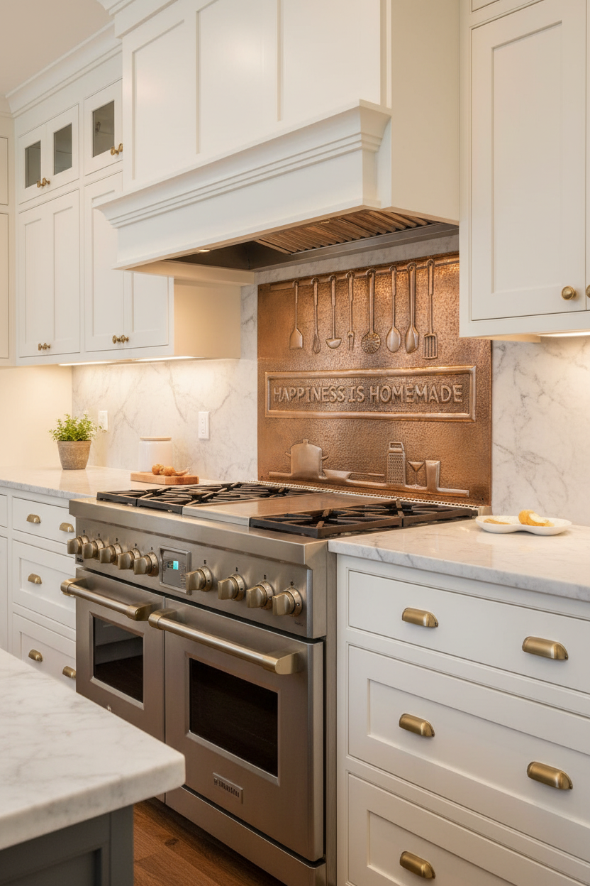 24x32 inch Happiness Is Homemade copper backsplash in warm contemporary kitchen