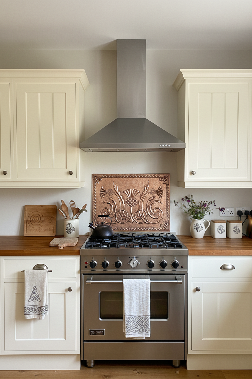 24x32 inch Highland Thistle Crest copper panel in farmhouse kitchen with Celtic accents