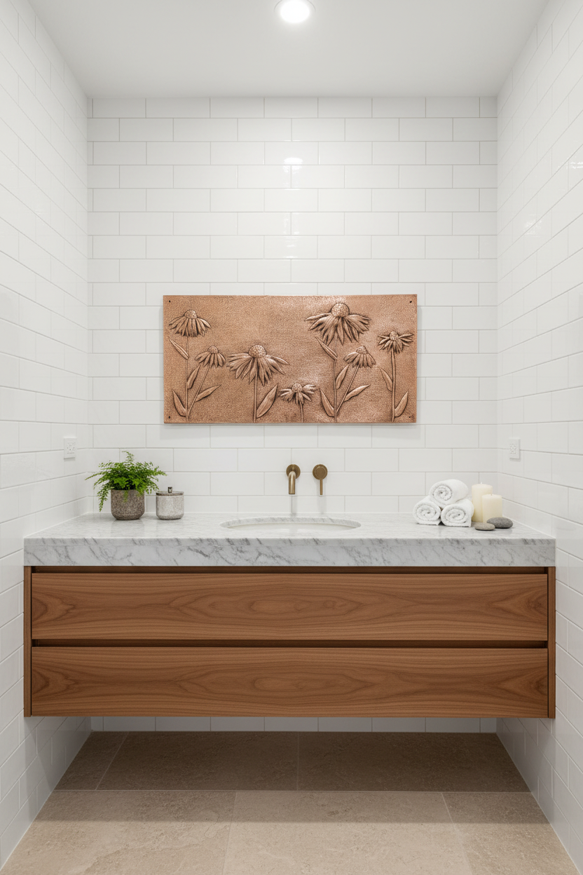 24x32 inch Prairie Bloom wildflower copper panel in luxury spa-style bathroom