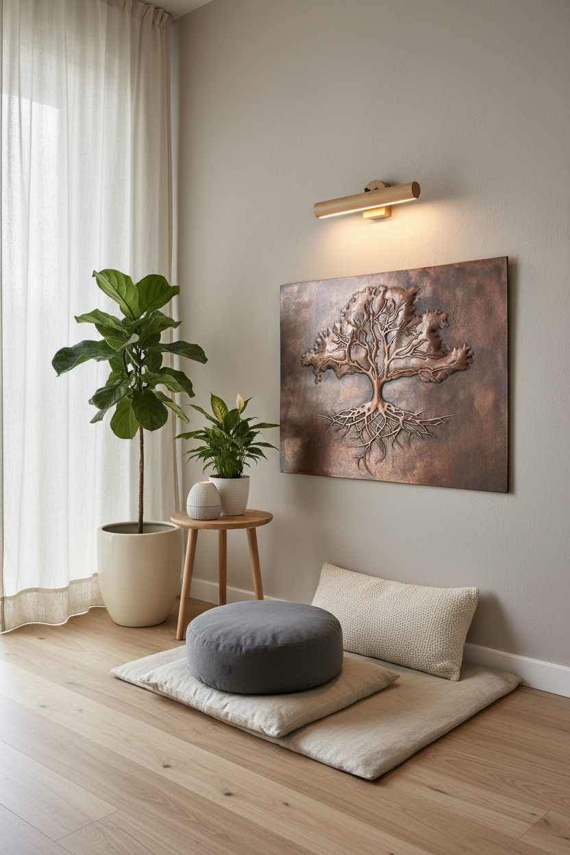 24x32 inch Rooted Canopy tree panel in serene bedroom meditation corner