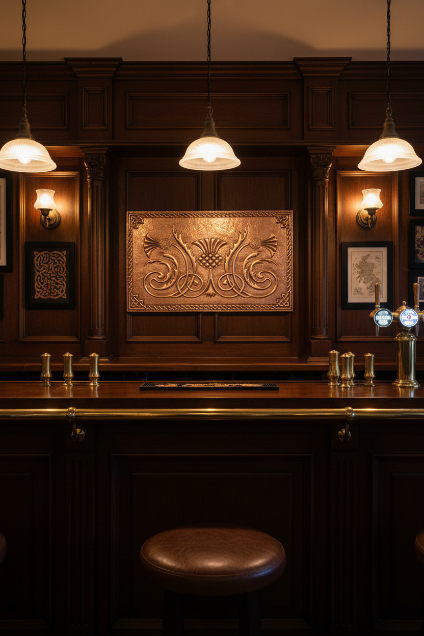 24x36 inch Highland Thistle Crest copper panel in pub-style home bar with Celtic decor