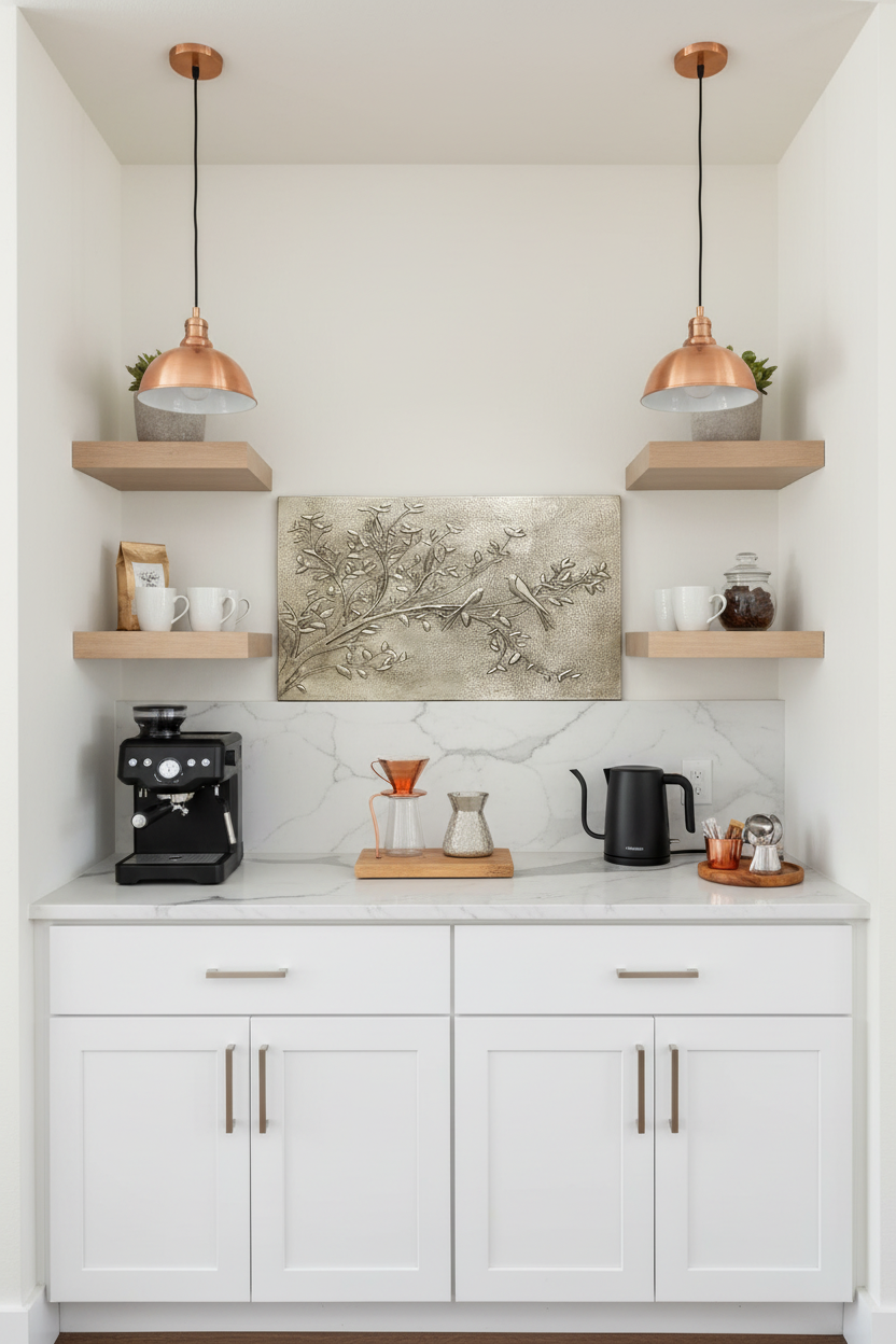 24x36 inch Quiet Branch copper panel with birds on branch in calm coffee bar nook