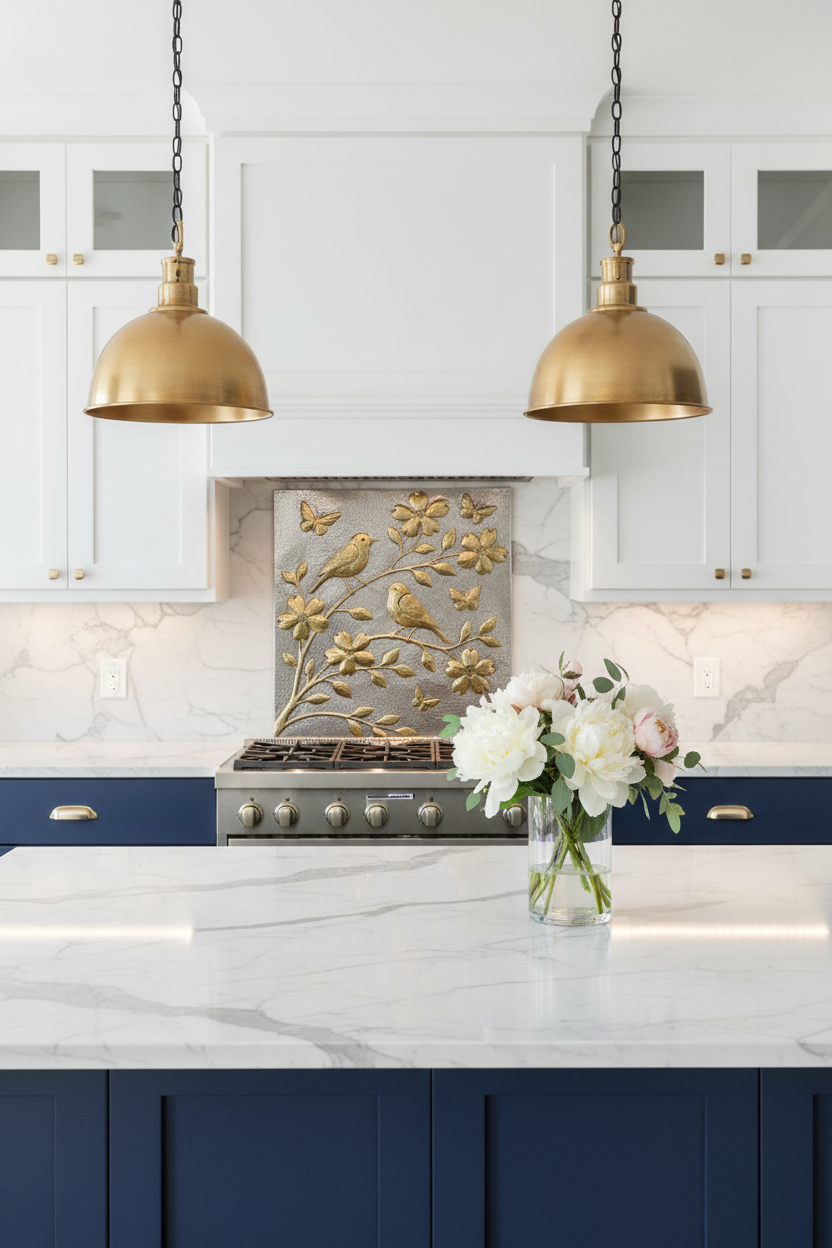 24x36 inch Songbird Garden copper panel in silver and brass finish in high-end modern luxury navy kitchen