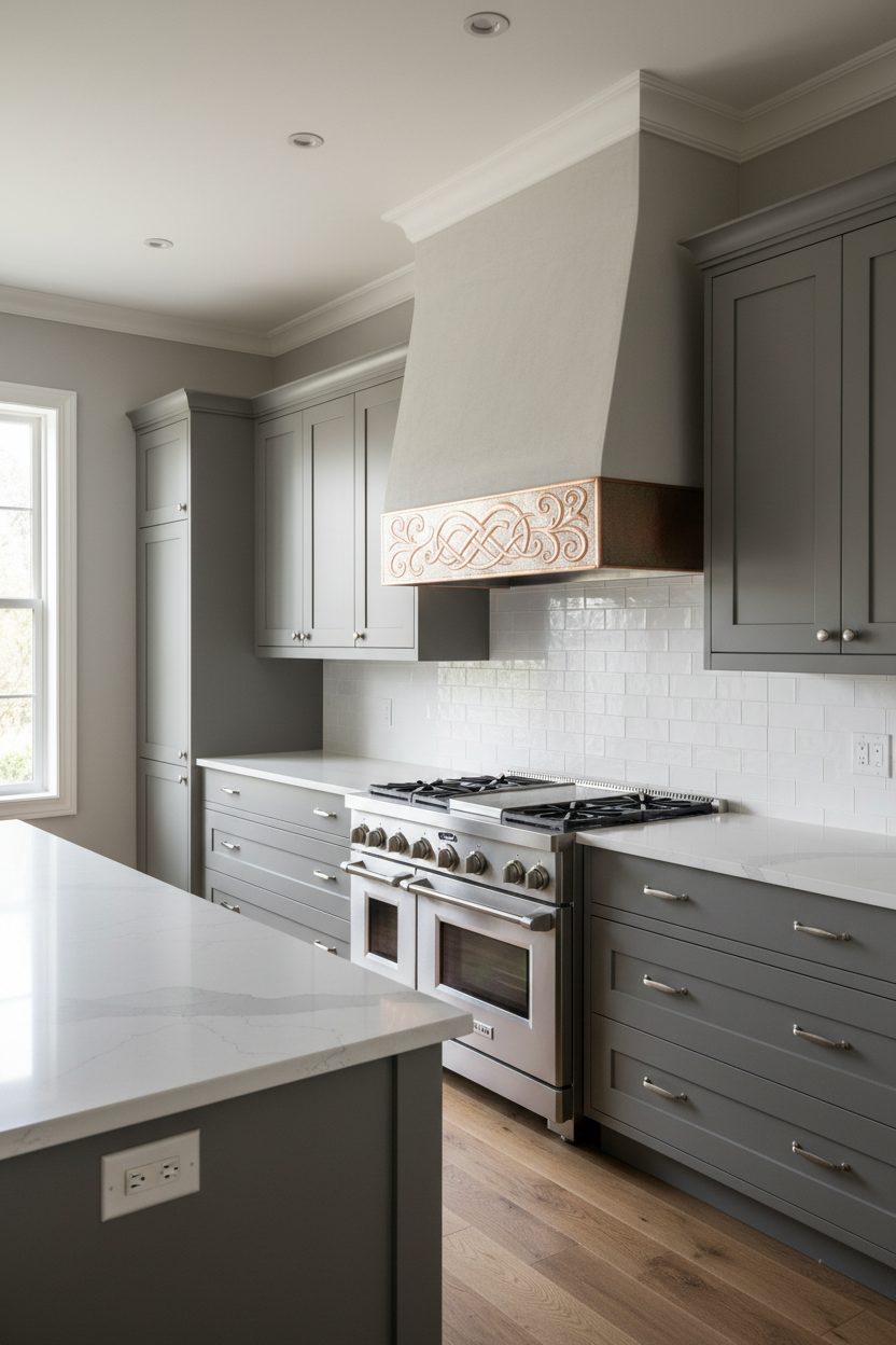 30 inch custom copper hood apron set with embossed center panel and plain side panels in transitional kitchen