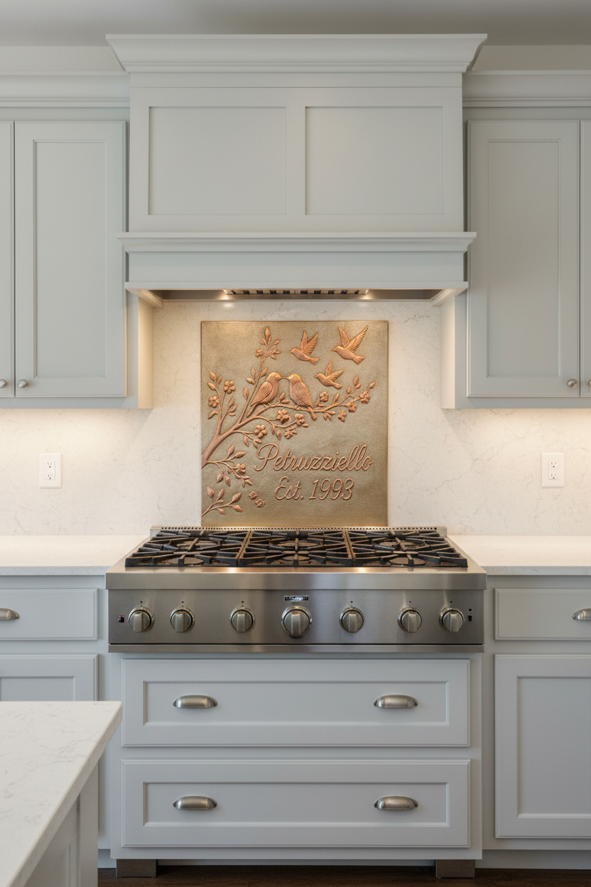 30 inch lovebirds copper backsplash panel in transitional kitchen with gray cabinets