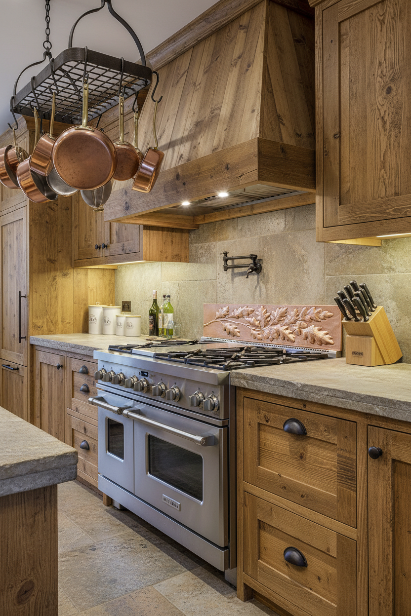 30 inch Oak & Acorn copper border trim behind range hood as decorative liner in rustic kitchen
