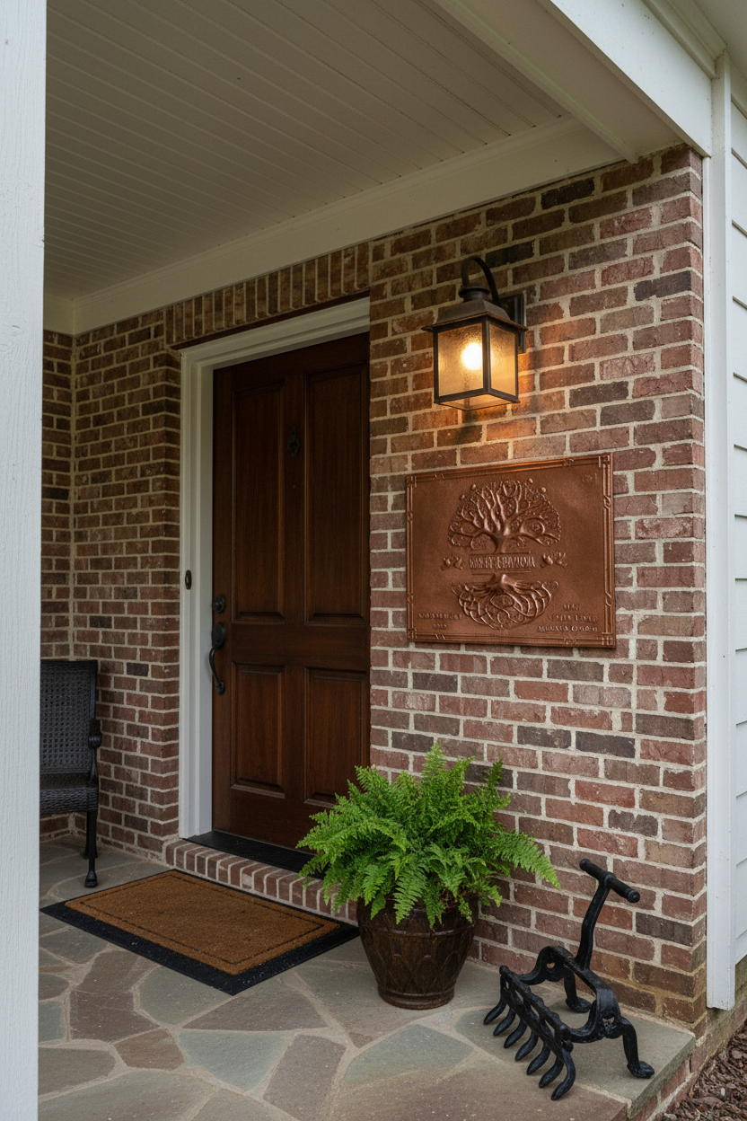 30 inch personalized Tree of Life family name copper plaque mounted on covered front porch