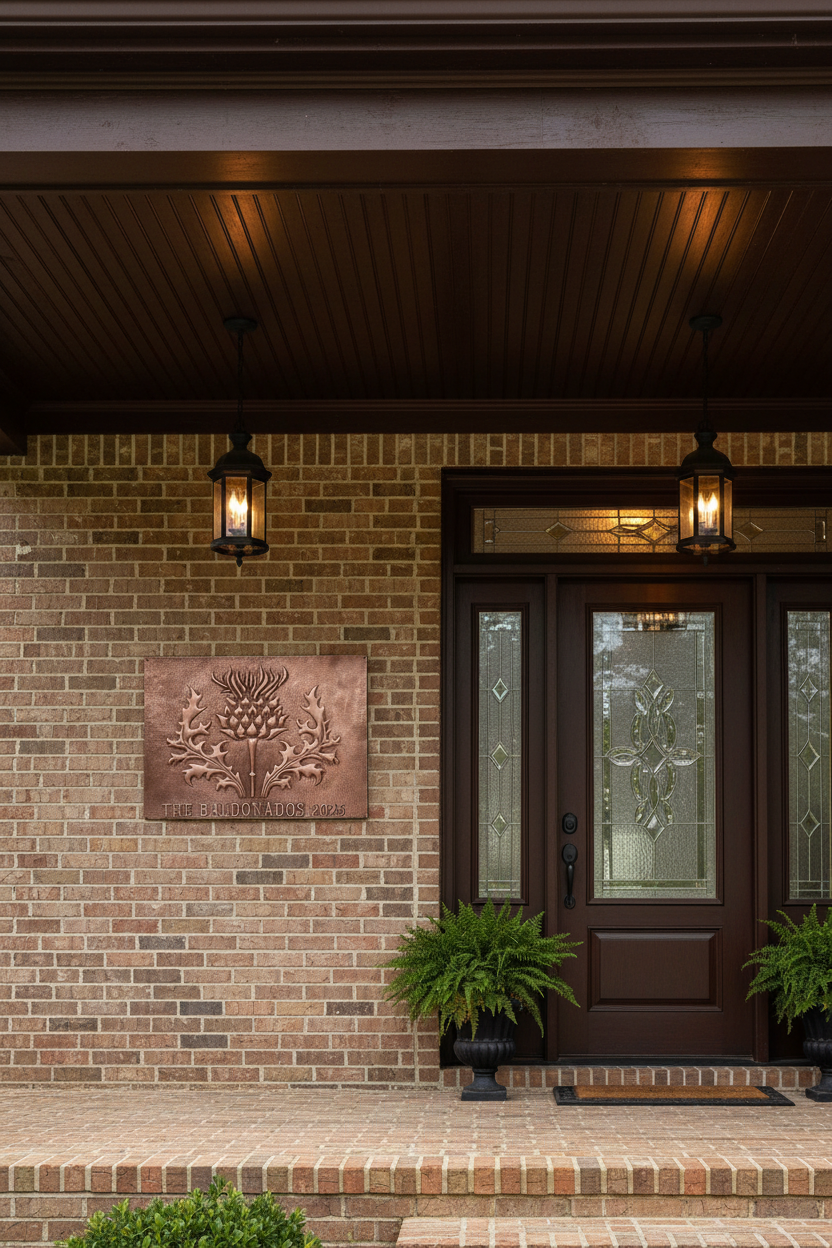 30 inch Scottish thistle custom family name copper plaque mounted on covered front porch