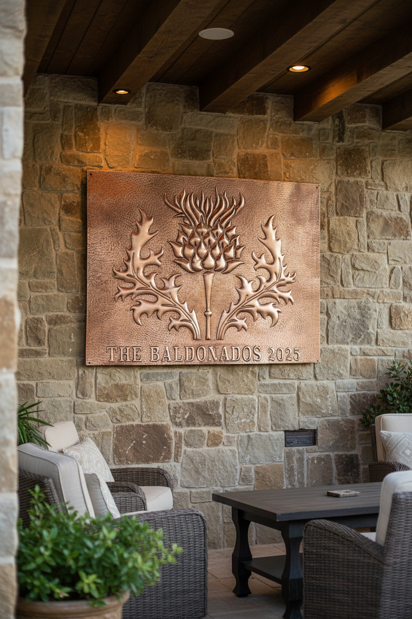 30 inch Scottish thistle ranch name copper sign on covered outdoor patio wall