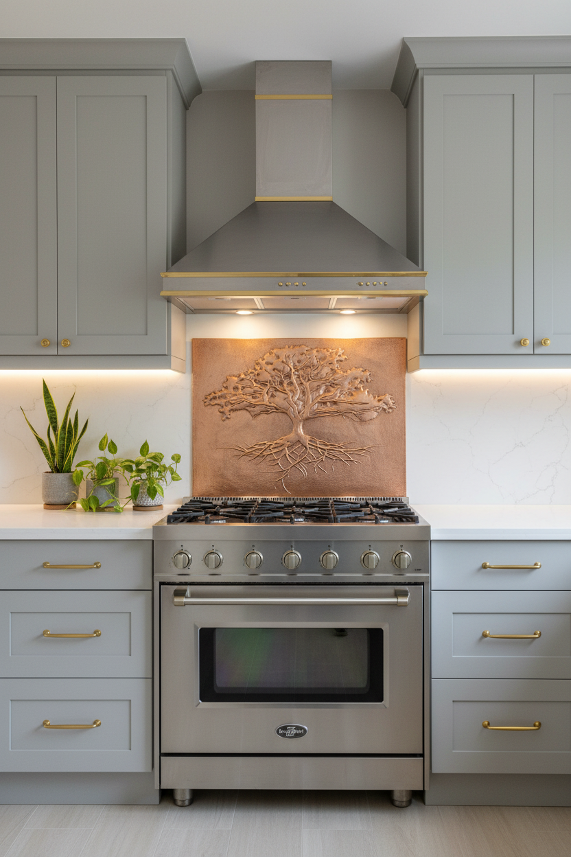 30x24 inch Rooted Canopy tree panel as stove backsplash in transitional kitchen