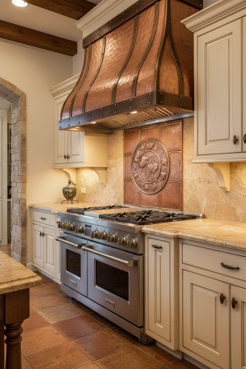 30x30 inch Grapevine Medallion copper backsplash in Tuscan kitchen