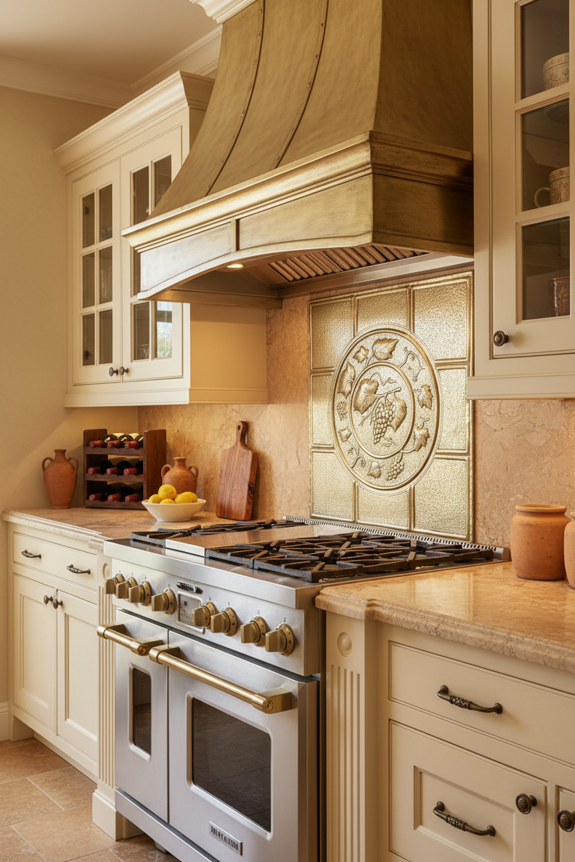 30x30 inch Grapevine Medallion in brass gold tone finish in elegant Tuscan kitchen