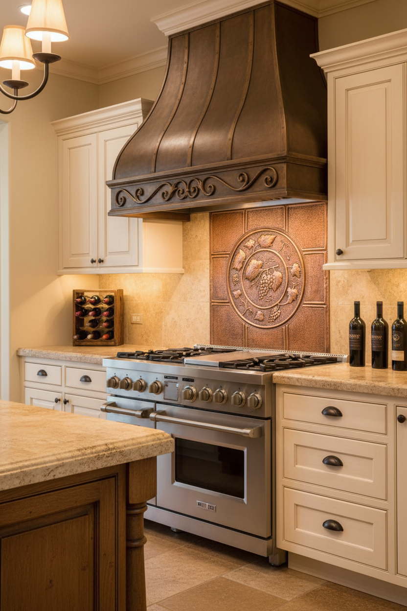 30x30 inch Grapevine Medallion in brown patina in Tuscan villa kitchen