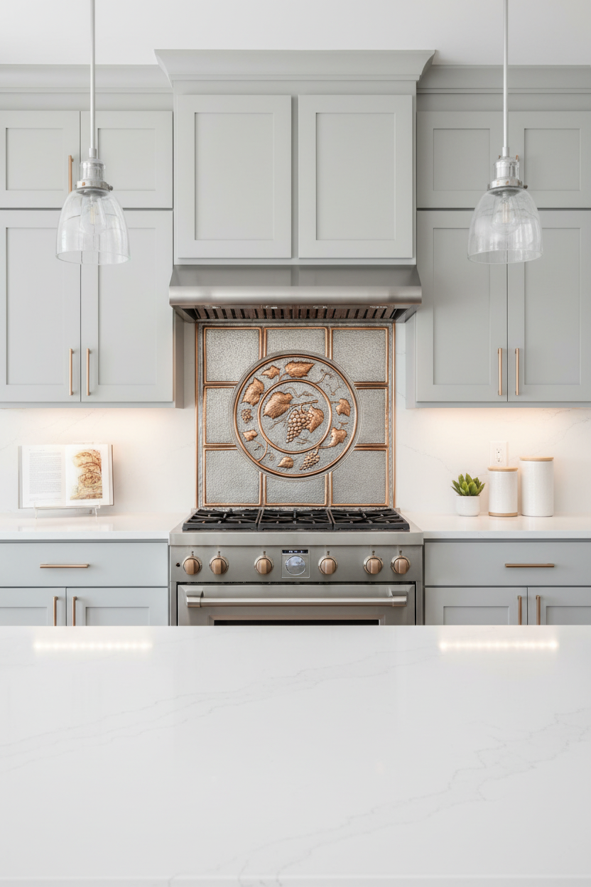 30x30 inch Grapevine Medallion in silver & copper finish in contemporary kitchen
