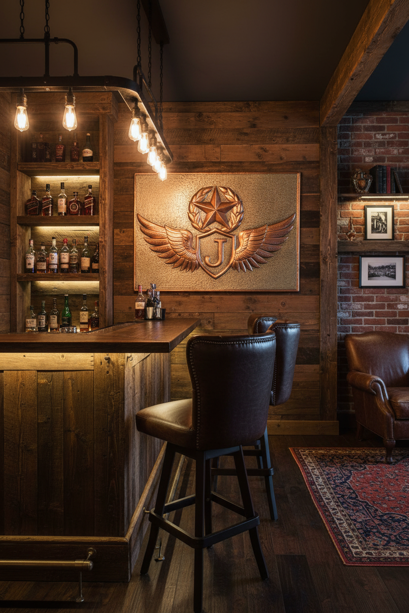 30x30 inch Winged Monogram Crest copper panel with initial J in man cave bar