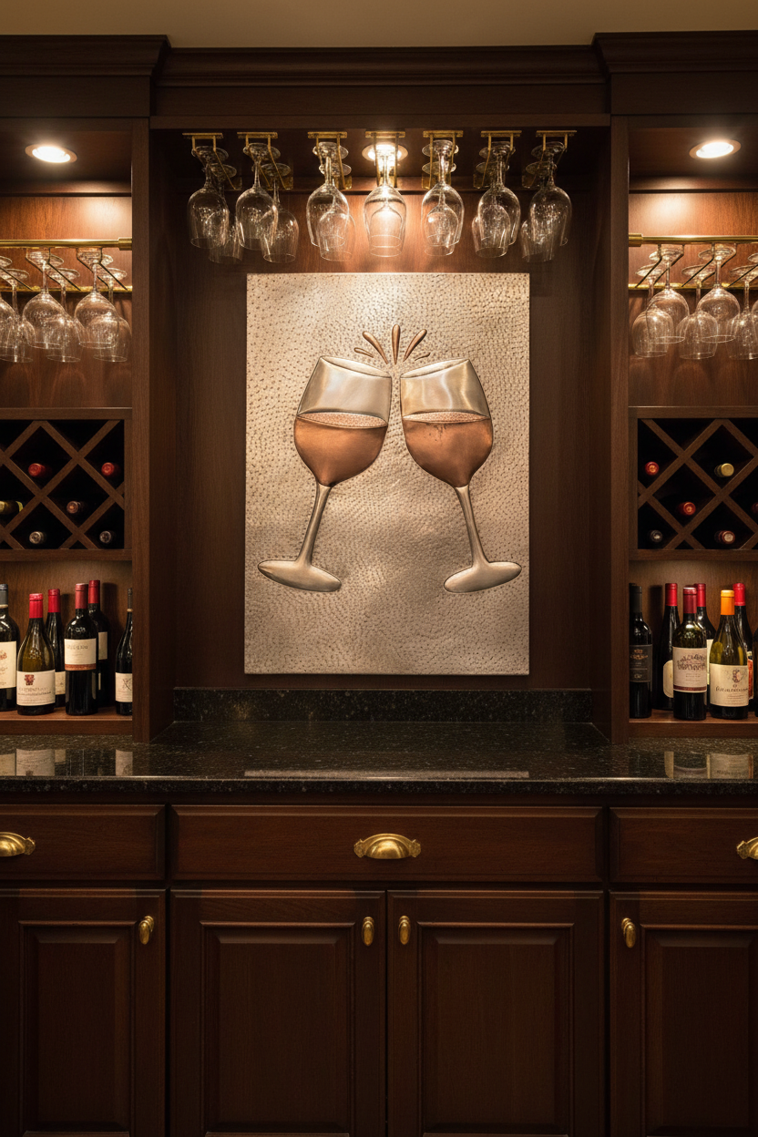 30x36 inch Cheers Wine Glass copper panel with raised 3D toast in elegant wine bar