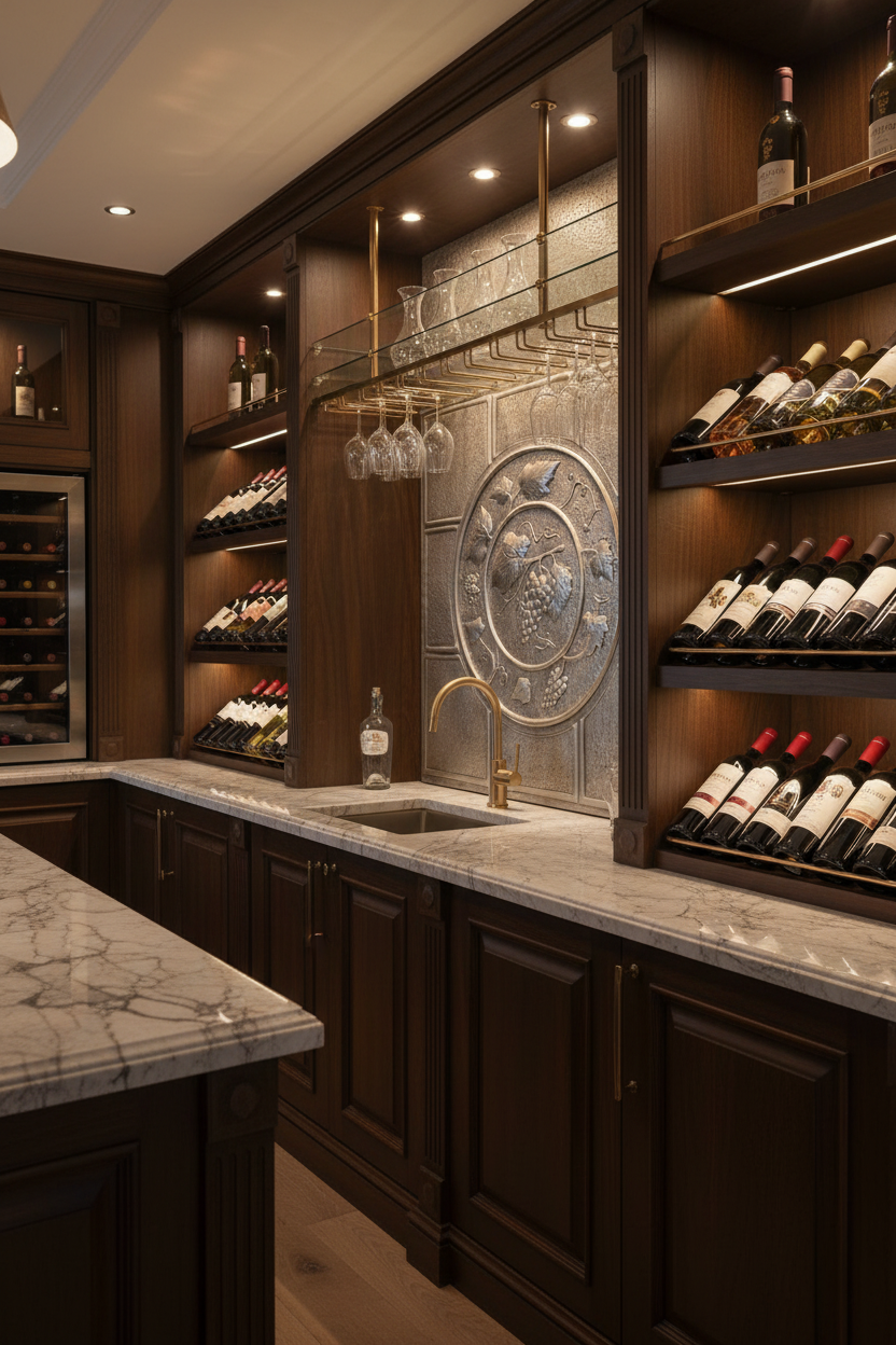 30x36 inch Grapevine Medallion copper backsplash in elegant wine bar