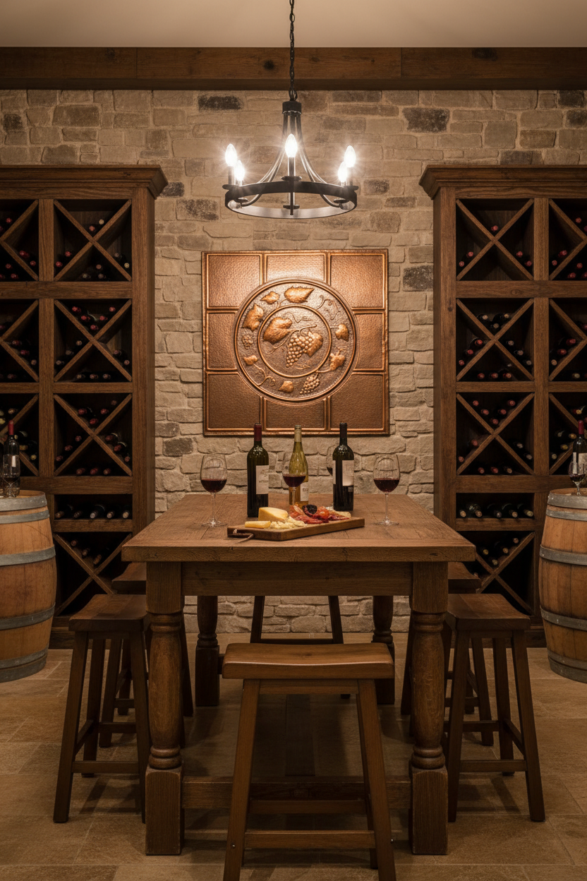 30x36 inch Grapevine Medallion in brown patina in rustic wine cellar