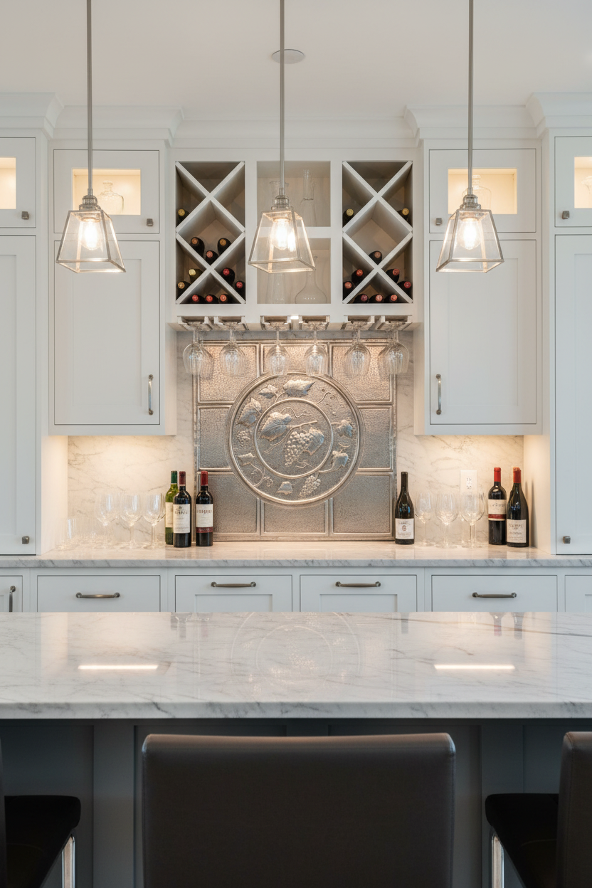30x36 inch Grapevine Medallion in silver finish in modern wine bar