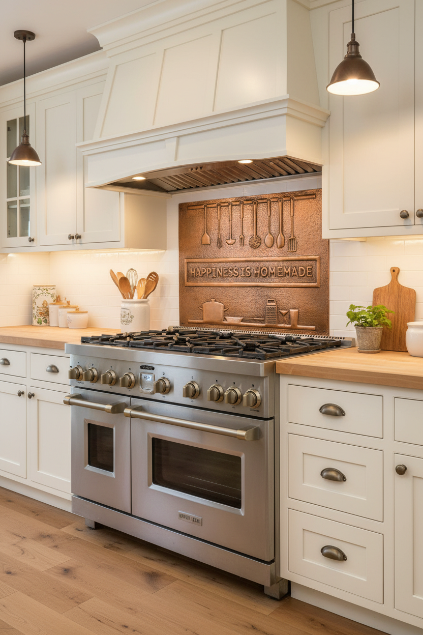 30x36 inch Happiness Is Homemade copper backsplash in warm farmhouse kitchen