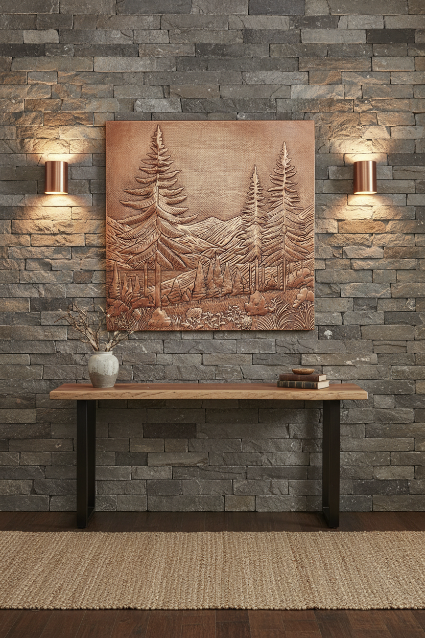30x36 inch Mountain Pines copper backsplash in elegant entryway