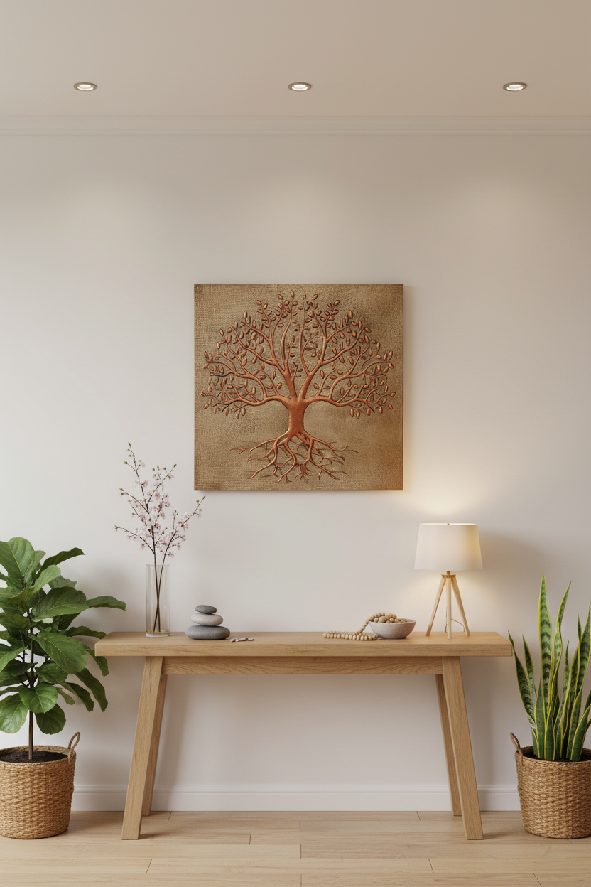 30x36 inch Rooted Tree of Life copper backsplash in serene entryway