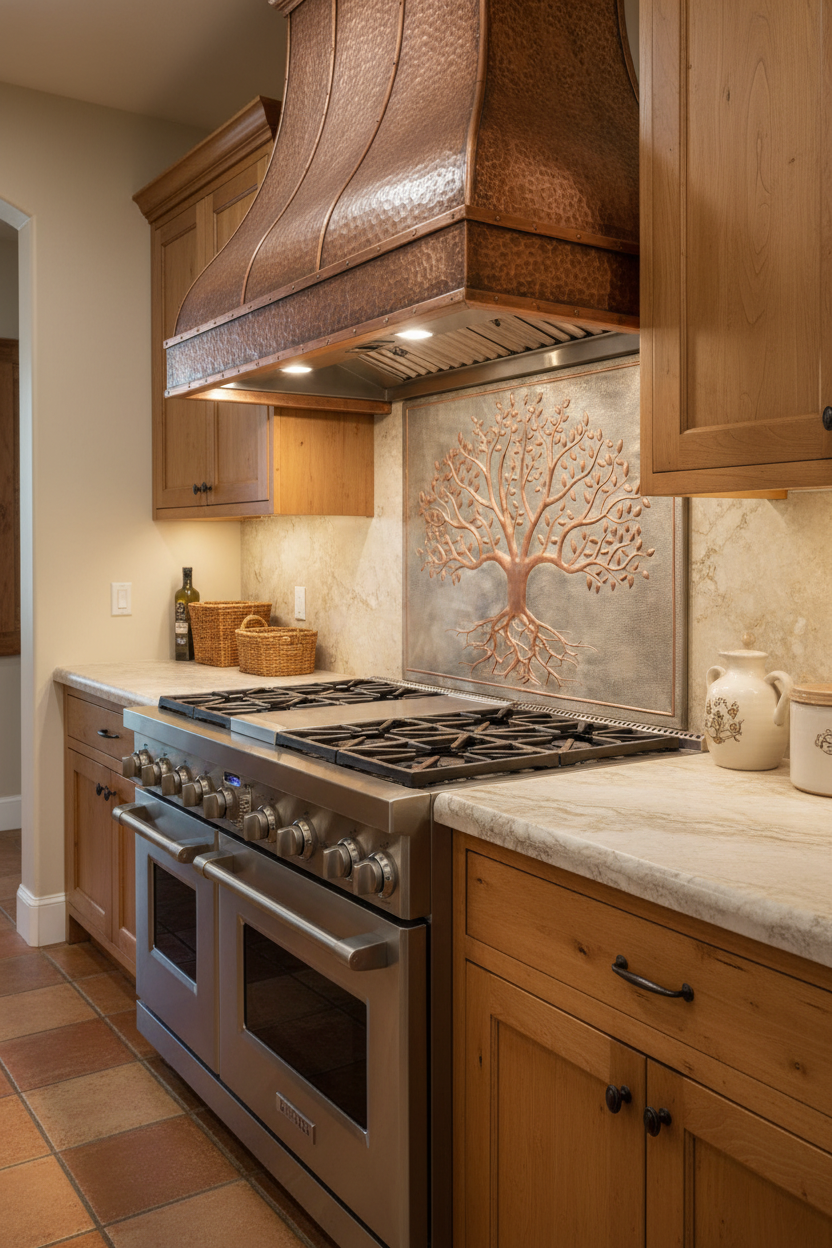 30x36 inch Tree of Life copper stove backsplash in Mediterranean kitchen
