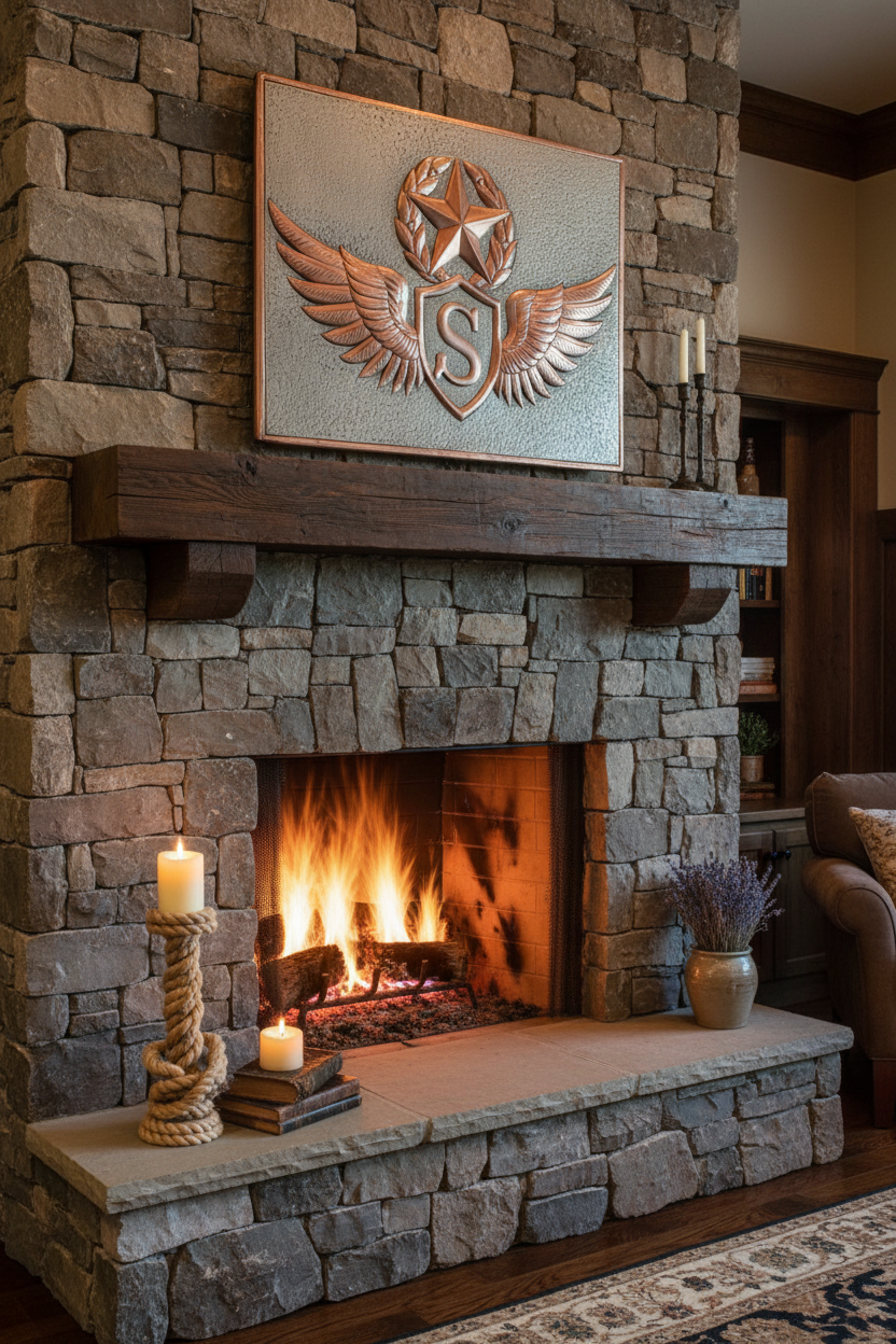 30x36 inch Winged Monogram Crest copper panel with initial S above fireplace mantel
