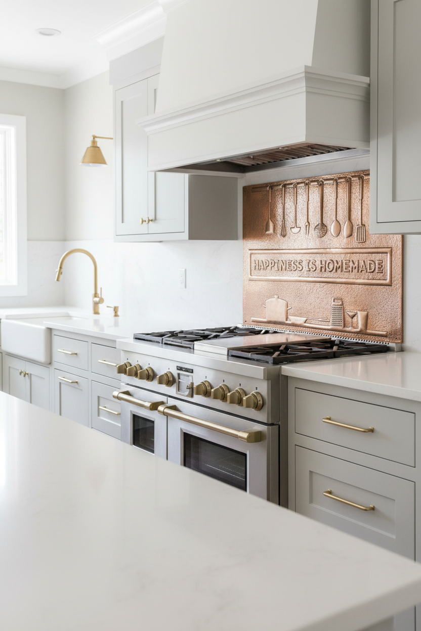 30x40 inch Happiness Is Homemade copper backsplash in transitional kitchen