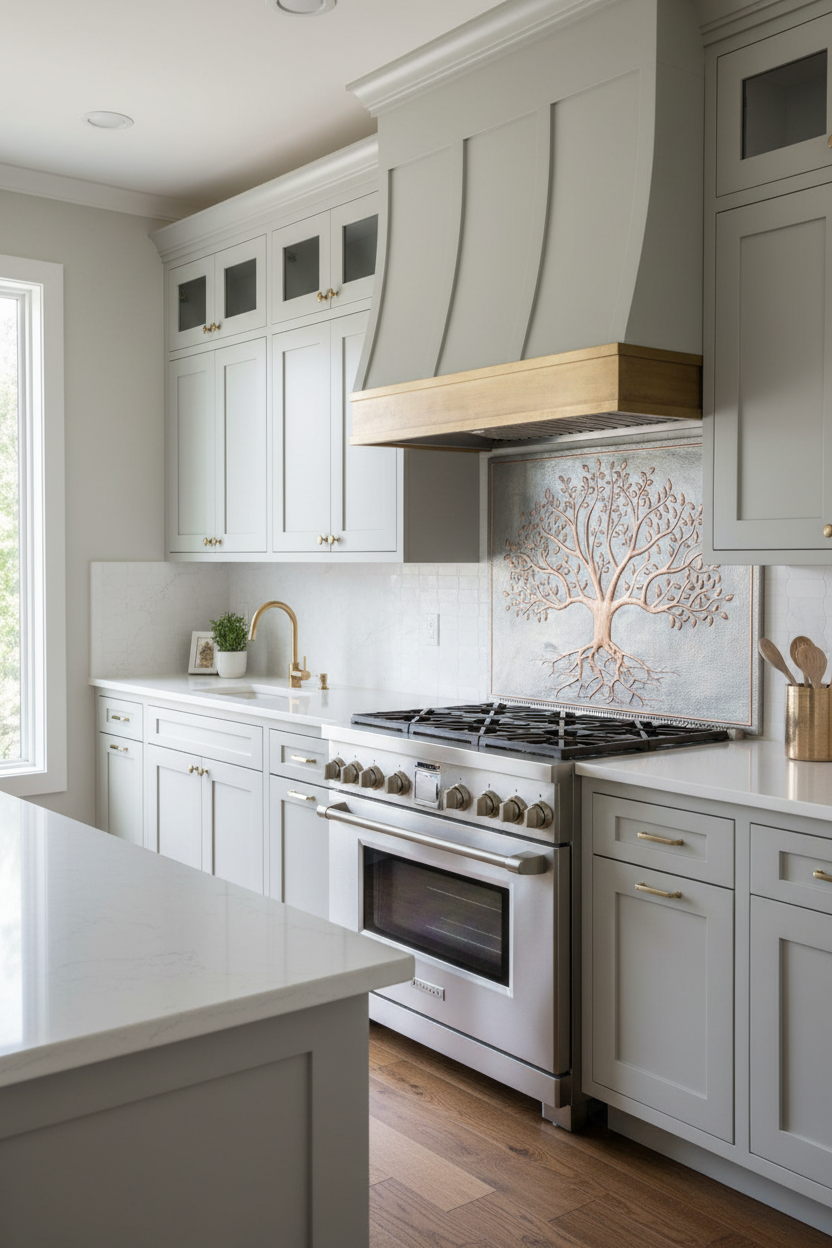 30x40 inch Tree of Life copper stove backsplash in modern farmhouse kitchen