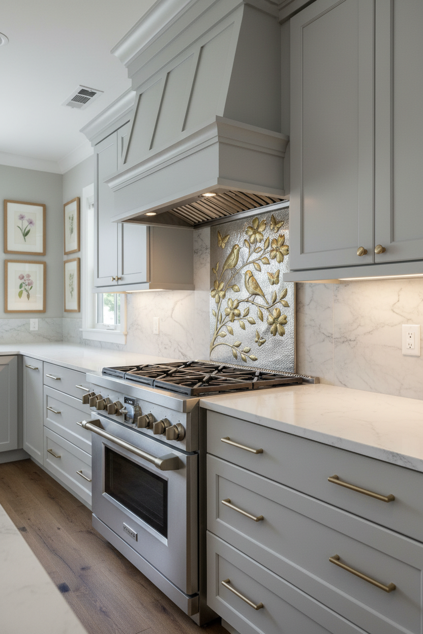 30x42 inch Songbird Garden copper panel in silver and brass finish in high-end transitional kitchen