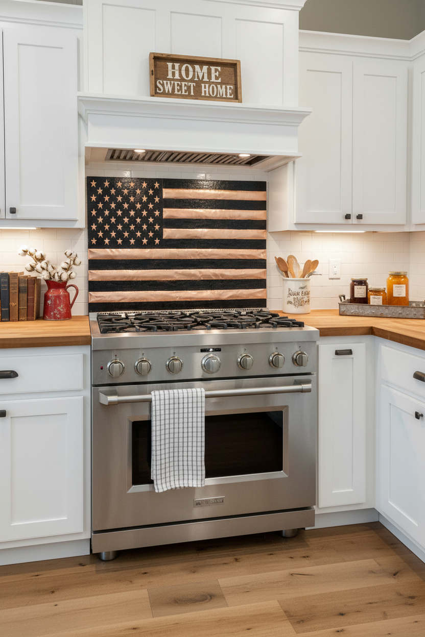 36 inch American flag copper backsplash panel in modern farmhouse kitchen