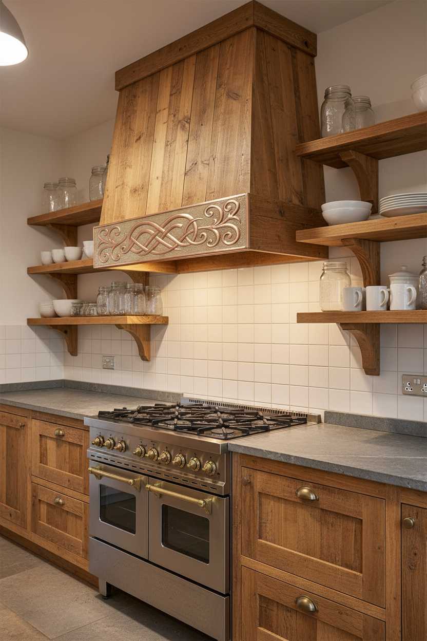 36 inch custom copper hood apron set with embossed center on rustic farmhouse kitchen hood