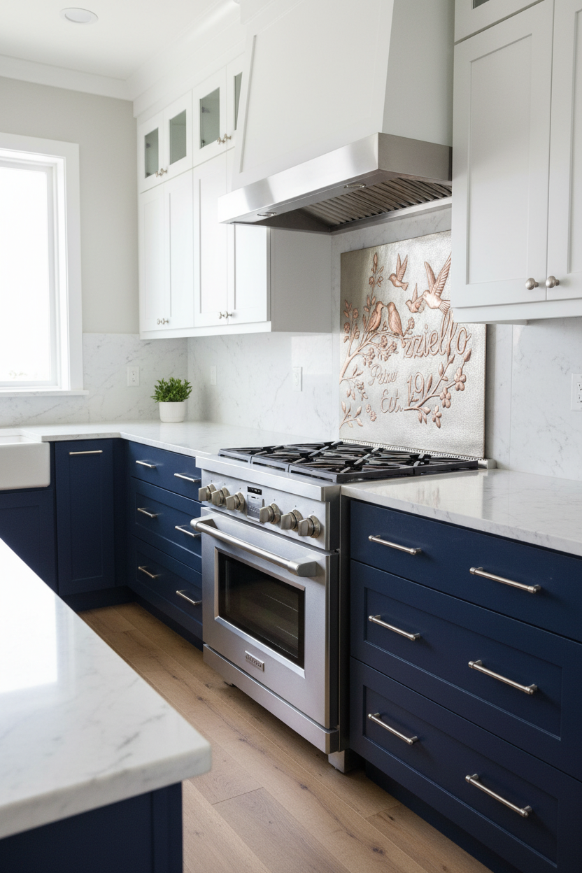 36 inch lovebirds family name copper backsplash panel in luxury coastal navy kitchen