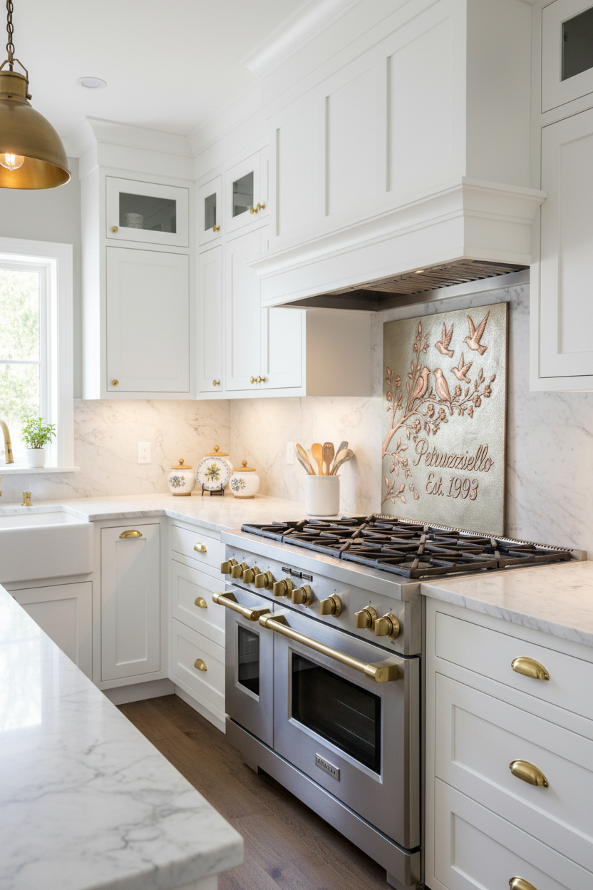 36 inch lovebirds family name copper backsplash panel in modern traditional white kitchen