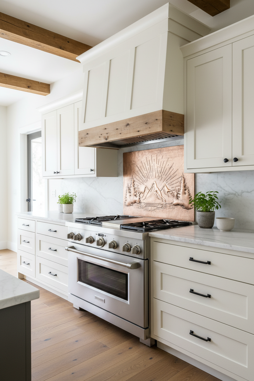 36 inch mountain sunrise copper backsplash panel in luxury farmhouse mountain home