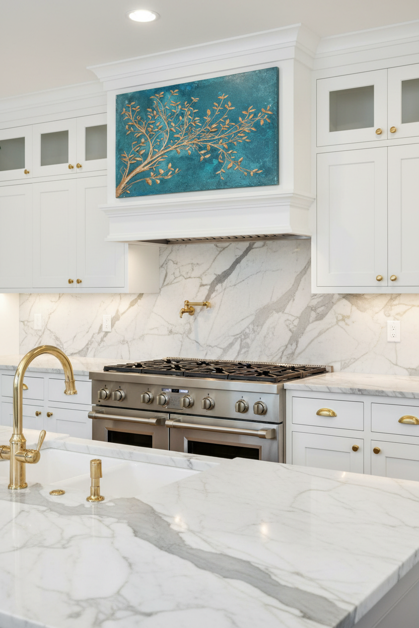 36x30 inch Branches in blue patina as hood band in elegant kitchen