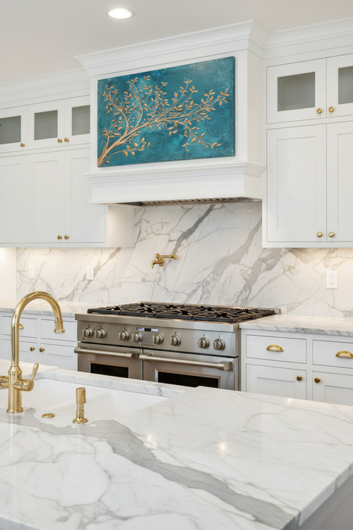 36x30 inch Branches in blue patina as hood band in elegant kitchen