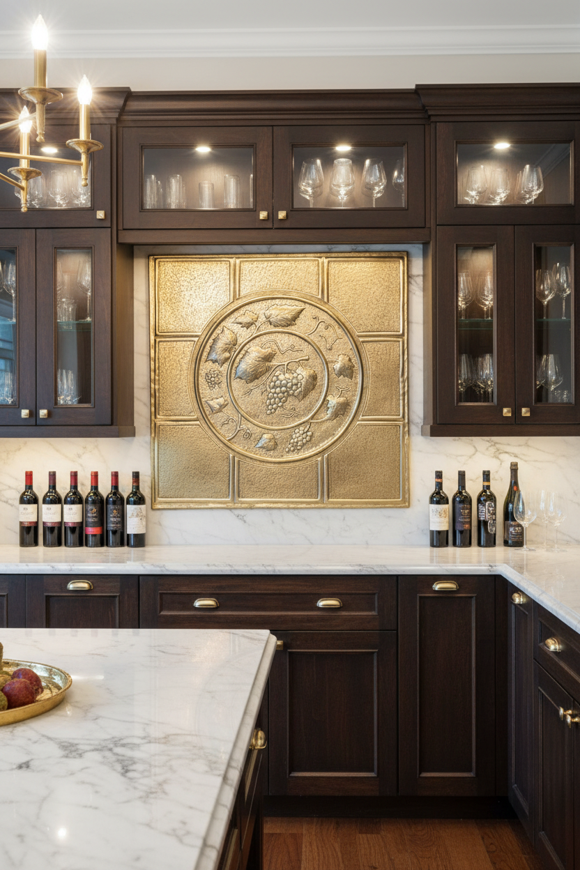 36x30 inch Grapevine Medallion in brass gold tone finish in luxurious dining room