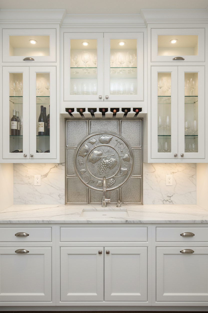 36x30 inch Grapevine Medallion in silver & copper finish in elegant butler's pantry